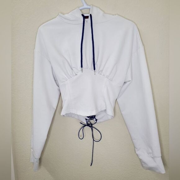 White Long Sleeve Crop Top Hoodie with Corset and Lace-Up Open Back - Picture 2 of 10